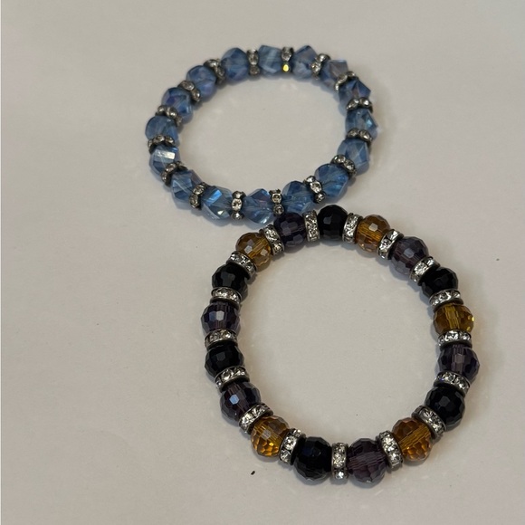 2 Stretch Bracelets w/ Glass Beads & Silver-colored Rhinestone Separators. - Picture 2 of 4